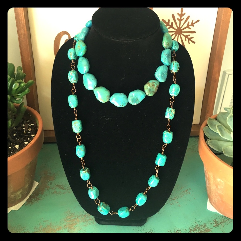 Turquoise bead and copper wire necklace